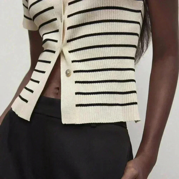 Apricot Casual Women's Lapel Striped Button Knitted Sweater - Picture 5 of 7